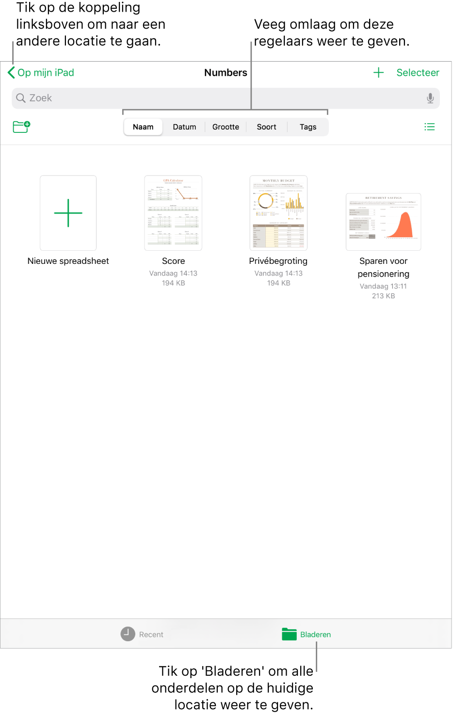 De bladerweergave van de spreadsheetweergave met linksboven een link naar een locatie en daaronder een zoekveld. In de rij onder 'Zoek' staan een knop om een map toe te voegen, knoppen om op naam, datum, grootte of tag te sorteren, en een knop om tussen de lijstweergave en symboolweergave te schakelen. Daaronder staat een knop voor een nieuwe spreadsheet naast miniaturen van bestaande spreadsheets. Onder in het scherm staan de knoppen 'Recent' en 'Bladeren'.