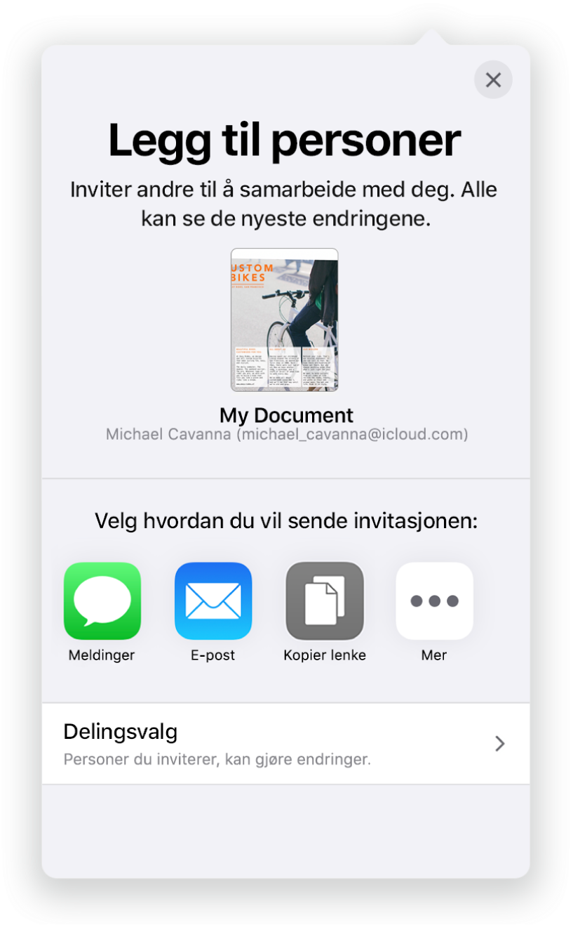 Legg til personer-skjermen som viser et bilde av regnearket som skal deles. Nedenfor er knapper for måter å sende invitasjonen på, blant annet Mail, Kopier kobling og Mer. Delingsvalg-knappen er nederst.