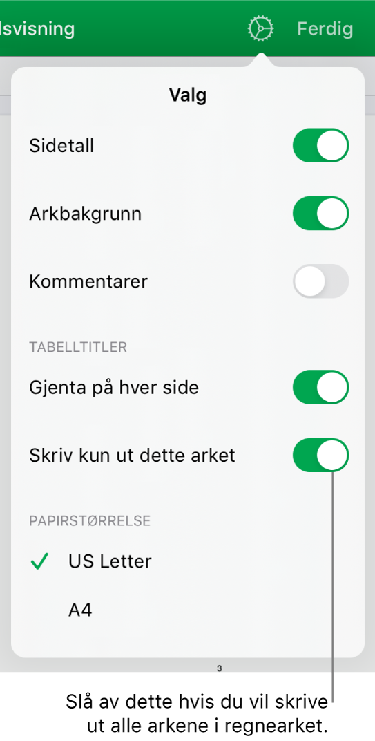 Utskriftsforhåndsvisning-panelet, med kontroller for å vise sidetall, gjenta tittelceller på hver side, endre papirstørrelse og valg for å skrive ut hele regnearket eller bare gjeldende ark.