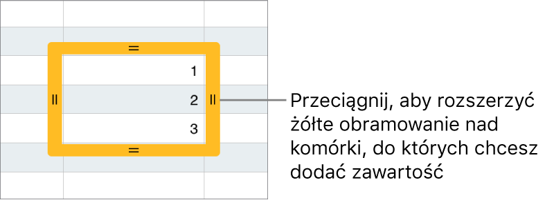 Zaznaczona komórka z dużym, żółtym obramowaniem, które możesz przeciągnąć, aby automatycznie wypełnić komórki.