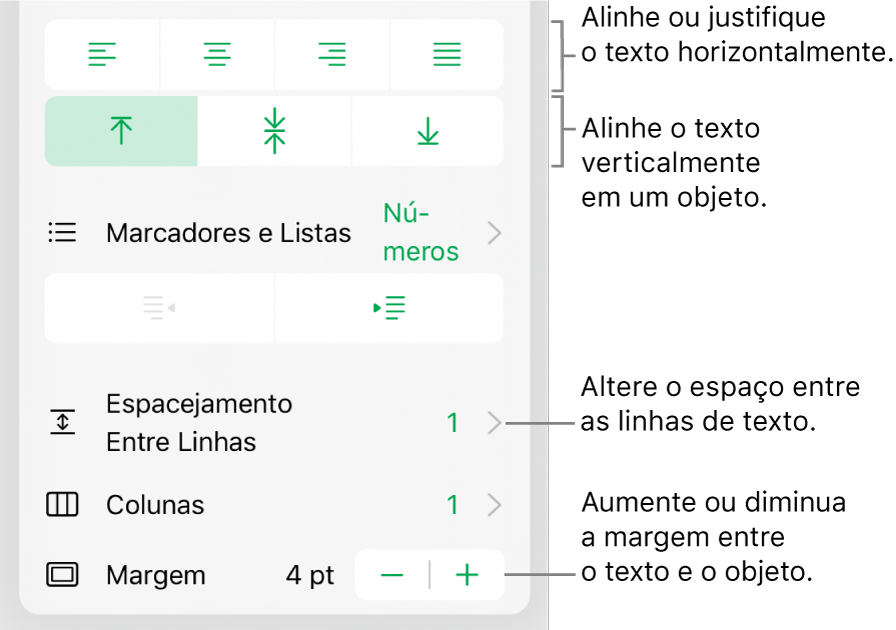 Seção Layout do inspetor Formatar com balões explicativos para os botões de alinhamento de texto e de espaçamento.
