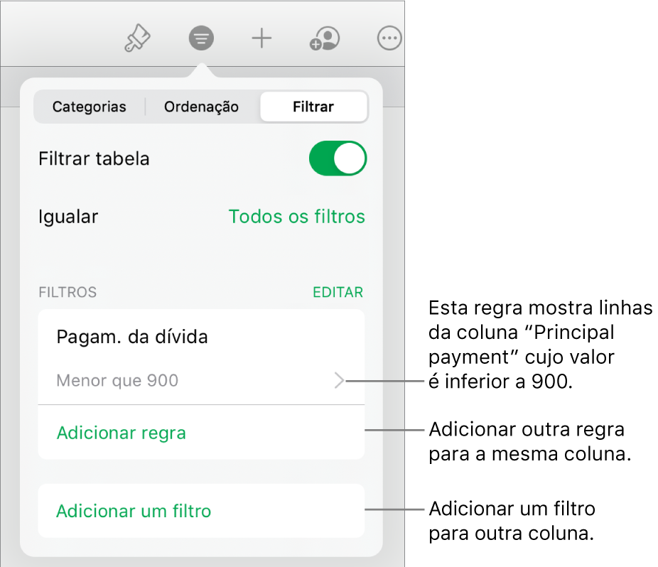 Controlos para adicionar novas regras de filtragem ou edição de regras existentes.