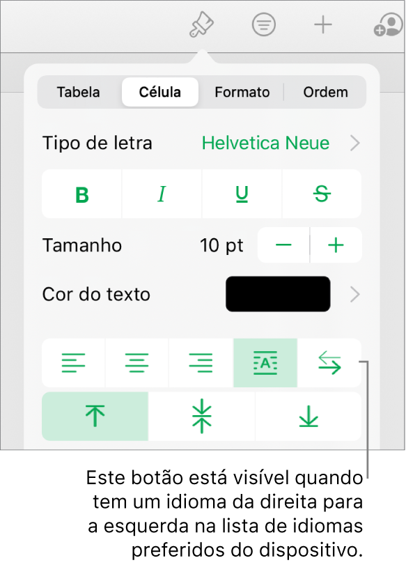 A secção Estilo do menu Formatação com uma chamada para o botão “Da direita para a esquerda”.