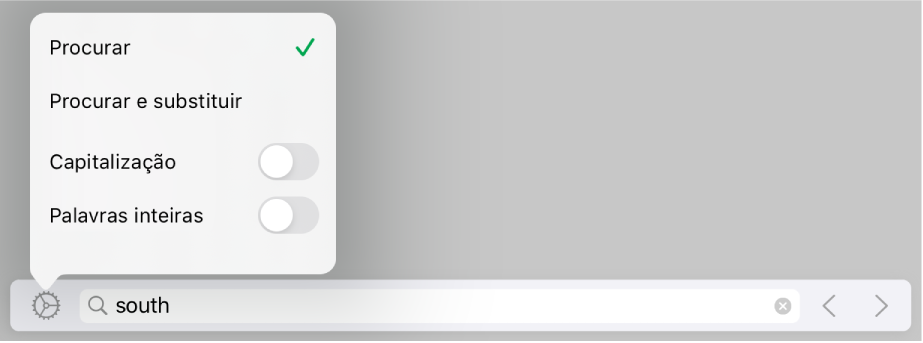 O menu de opções de pesquisa com Procurar, “Procurar e substituir”, “Caixa alta/baixa” e “Palavras inteiras”.