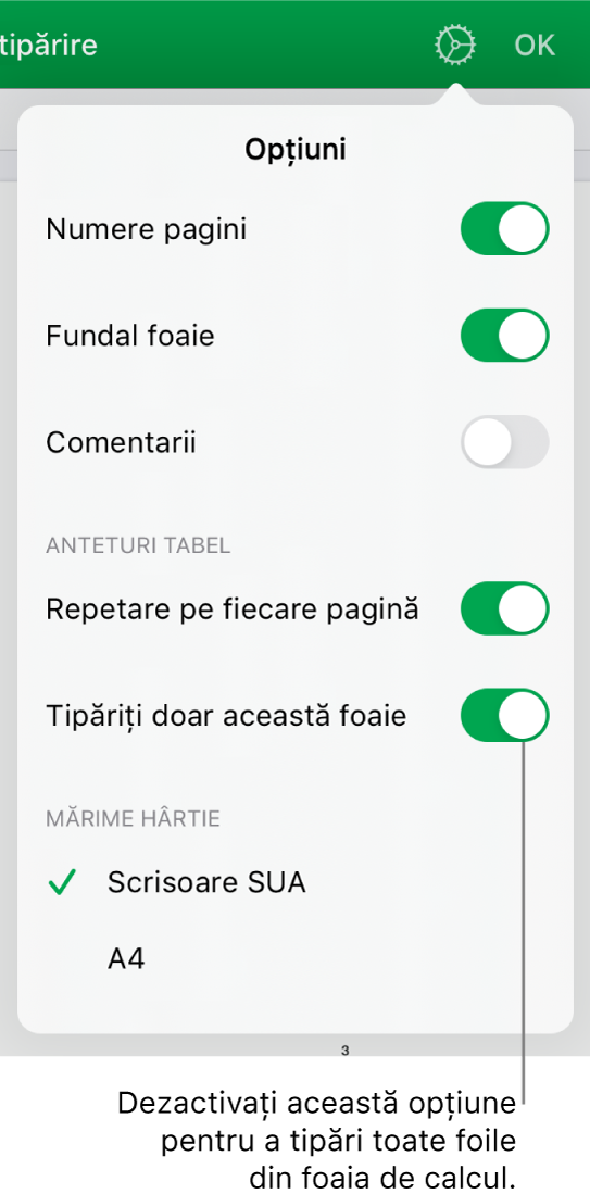 Panoul de previzualizare tipărire, cu comenzi pentru a afișa numerele paginilor, a repeta anteturile pe fiecare pagină, a modifica dimensiunea hârtiei sau a alege dacă să tipăriți întreaga foaie de calcul sau doar foaia curentă.