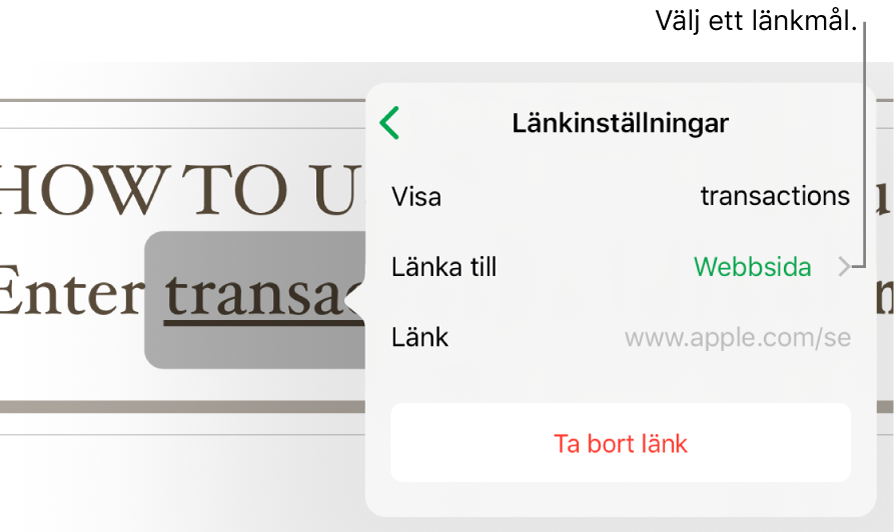 Popovern Länkinställningar med fält för Visa, Länka till (inställt på Webbsida) och Länk. Längst ned finns knappen Ta bort länk.