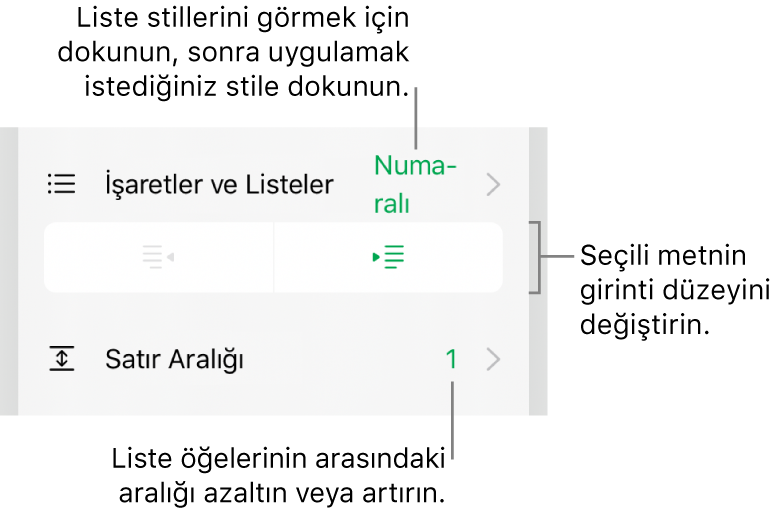 Madde İşaretleri ve Listeler, çıkıntı ve girinti düğmeleri ve de satır aralığı denetimlerini gösteren belirtme çizgileri ile Biçim denetimlerinin Madde İşaretleri ve Listeler bölümü.