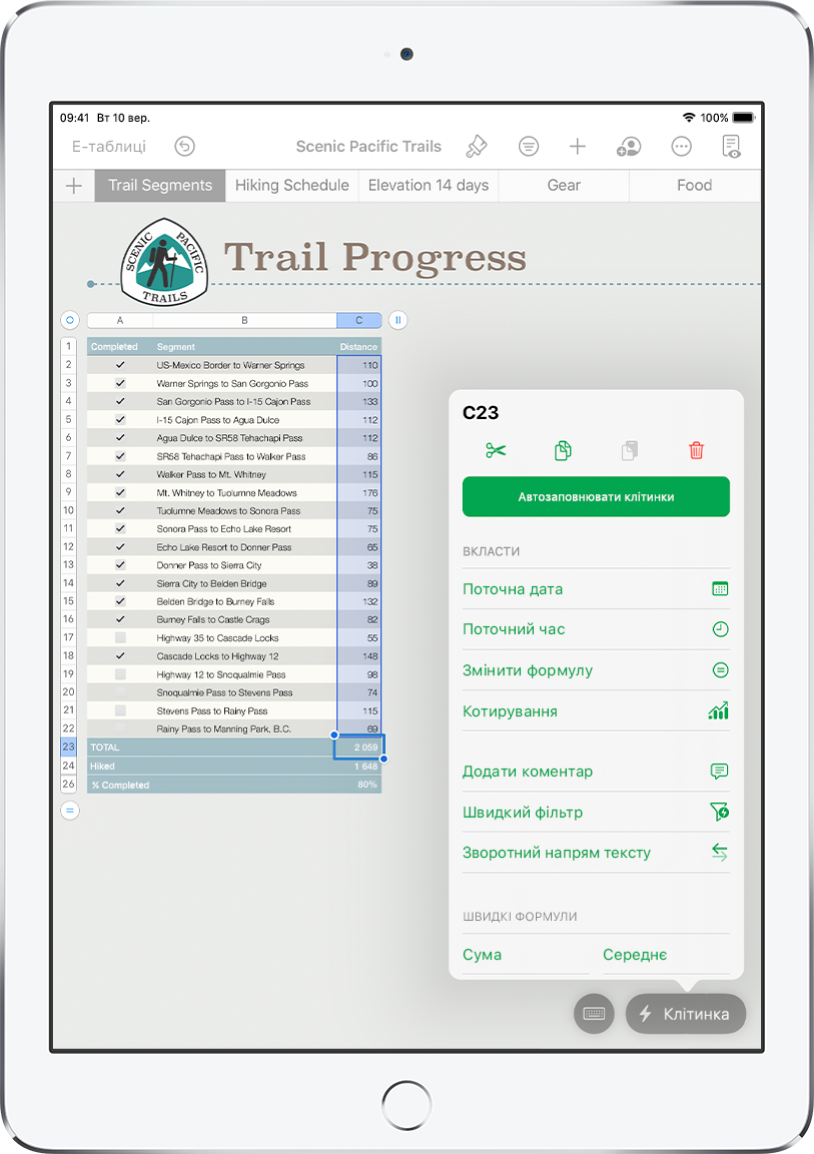 Електронна таблиця, у якій зазначено подолані піші маршрути та відстань кожного такого маршруту. Відкрите меню дій у клітинці, у якому показано опції додавання формул, дат, коментарів і фільтрів.