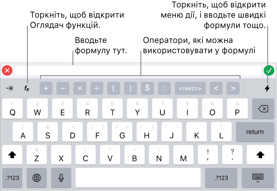 Клавіатура формул, над нею – редактор формул, під нею – оператори, які використовуються у формулах. Кнопка «Функції» для запуску оглядача функцій розташована ліворуч від операторів, а кнопка «Меню дій» – праворуч.