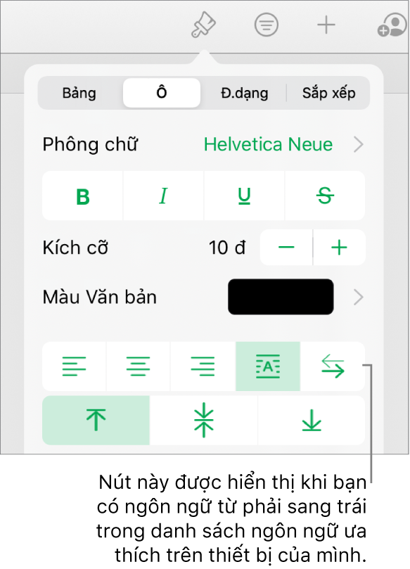 Phần Kiểu của menu Định dạng với chỉ thị đến các nút Phải sang trái.