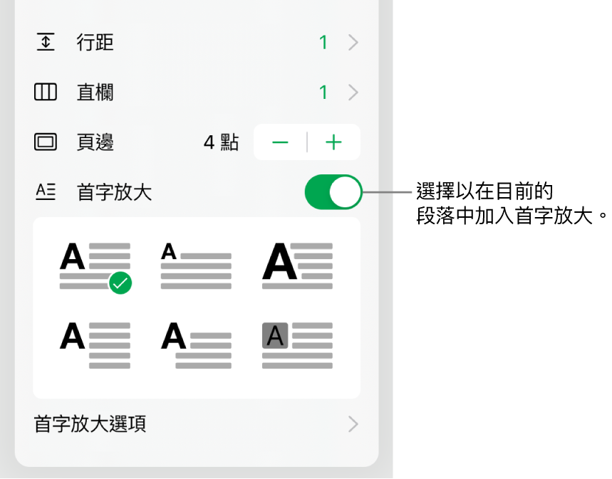 「首字放大」控制項目位於「文字」選單底部。