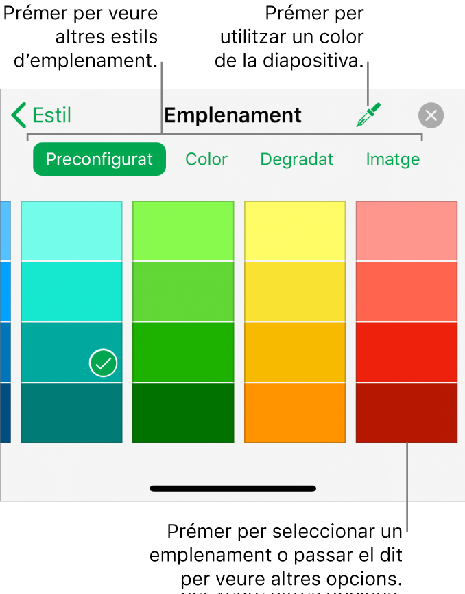 Opcions d’emplenament de la pestanya Estil del botó Format.