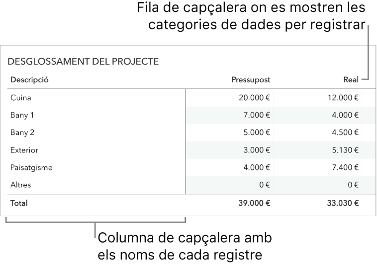 Taula configurada correctament per utilitzar-la amb formularis, amb una fila de capçalera que inclou les categories de dades i una columna de capçalera.