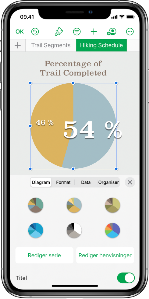Et lagkagediagram, der viser procentdelen af tilbagelagte vandrestier. Formatmenuen er også åben og viser forskellige diagramformater, der kan vælges mellem, og muligheder for at redigere serie- eller diagramhenvisninger og slå diagramtitlen til eller fra.