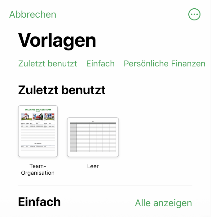 In der Vorlagenauswahl sind oben die Kategorien angeordnet, auf die du zum Filtern der Optionen klicken kannst. Darunter befinden sich Miniaturen der vordefinierten Vorlagen in Zeilen nach Kategorien sortiert, beginnend mit „Zuletzt benutzt“ oben, gefolgt von „Einfach“. Die Taste „Alle anzeigen“ erscheint darüber und rechts neben jeder Kategoriezeile. Die Taste für Sprache und Region befindet sich oben rechts.