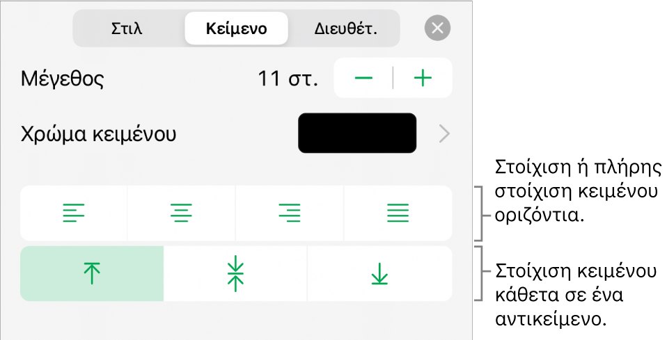 Η ενότητα «Διάταξη» του Επιθεωρητή μορφοποίησης με επεξηγήσεις στα κουμπιά στοίχισης και απόστασης κειμένου.