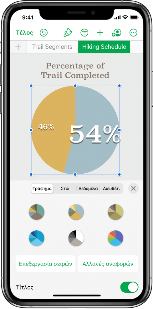 Γράφημα πίτας που δείχνει ποσοστά των διαδρομών που έχουν ολοκληρωθεί. Το μενού «Μορφή» είναι επίσης ανοιχτό, εμφανίζοντας διαφορετικά στιλ γραφήματος από τα οποία μπορείτε να επιλέξετε, καθώς και επιλογές για την επεξεργασία των αναφορών σειρών ή γραφημάτων και την ενεργοποίηση ή απενεργοποίηση του τίτλου γραφήματος.