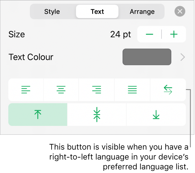 The Style section of the Format menu with a call-out to the Right to Left button.