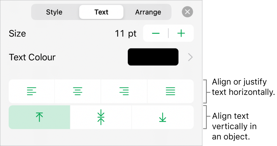 The Layout section of the Format inspector with call outs to the text alignment and spacing buttons.