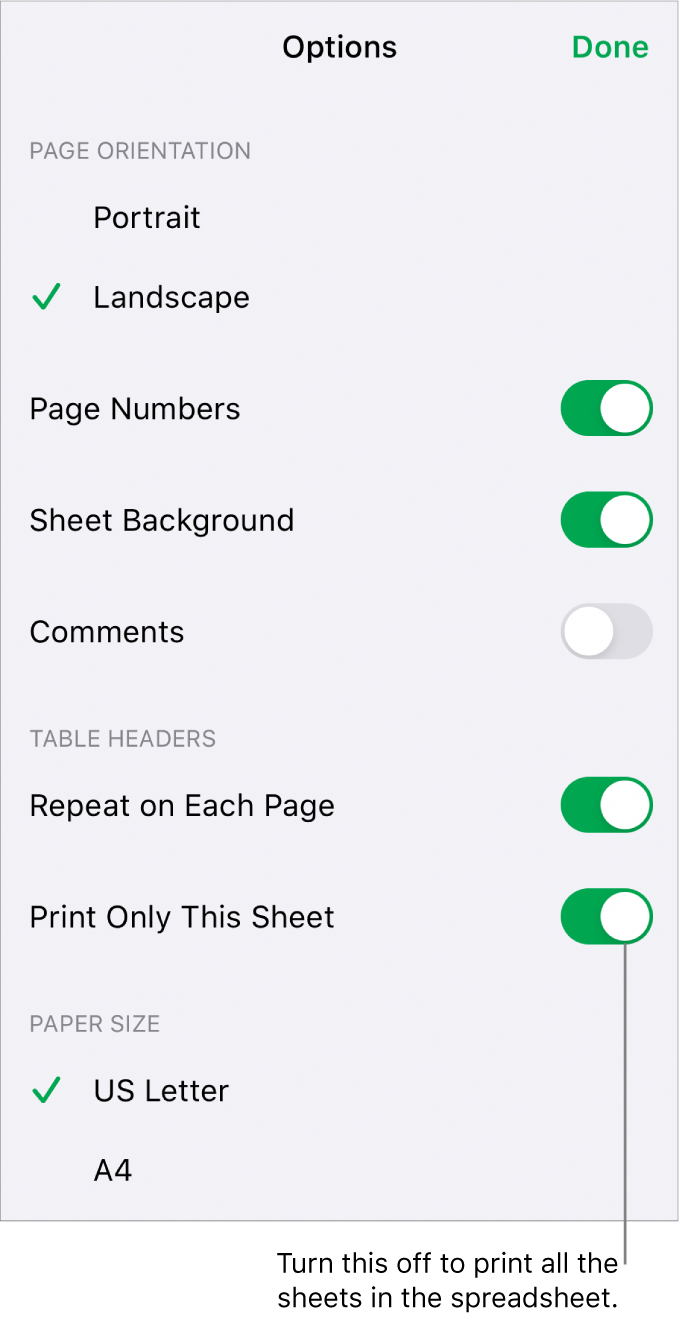 Printing options for choosing page orientation, showing page numbers and headers, choosing paper size and which pages to print.