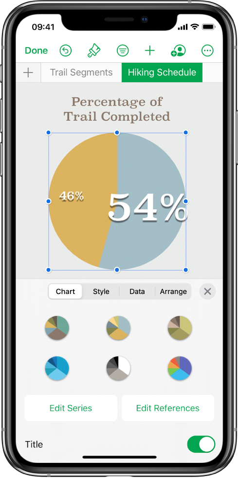 A pie chart showing percentages of trails completed. The Format menu is also open, showing different chart styles to choose from, as well as options to edit the series or chart references and turn the chart title on or off.