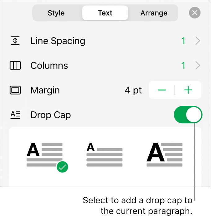 The Drop Cap controls located at the bottom of the Text menu.