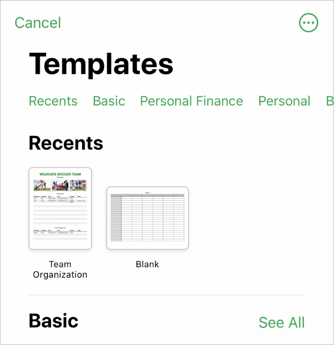 The template chooser, showing a row of categories across the top that you can tap to filter the options. Below are thumbnails of predesigned templates arranged in rows by category, starting with Recents at the top and followed by Basic. A See All button appears above and to the right of each category row. The Language and Region button is in the top-right corner.