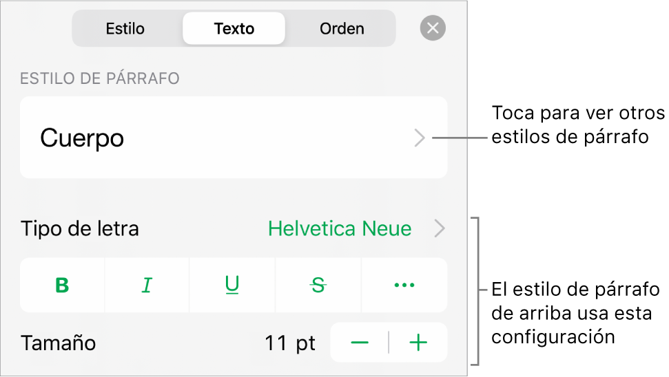 El menú Formato mostrando los controles de texto para configurar los estilos de párrafo y carácter, tipo de letra, tamaño y color.