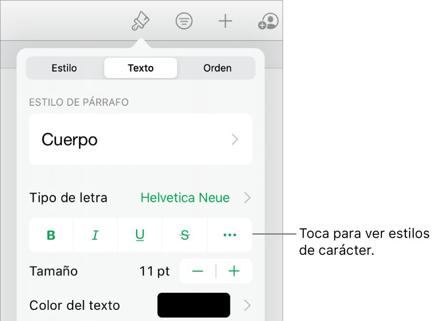 Los controles de formato con los estilos de párrafo en la parte superior, seguidos de los controles para “Tipo de letra”. Debajo de “Tipo de letra” aparecen los botones Negrita, Cursiva, Subrayado, Tachado y “Más opciones de texto”.