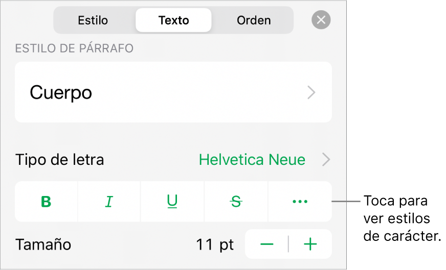 Los controles de formato con los estilos de párrafo en la parte superior, seguidos de los controles para “Tipo de letra”. Debajo de “Tipo de letra” aparecen los botones Negrita, Cursiva, Subrayado, Tachado y “Más opciones de texto”.