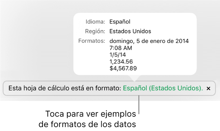 La notificación de la configuración de idioma y formato distinto, con ejemplos del formato en ese idioma y región.