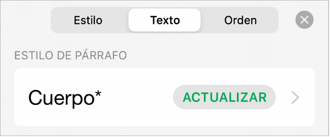 Un estilo de párrafo con un asterisco junto a él y un botón Actualizar a la derecha.