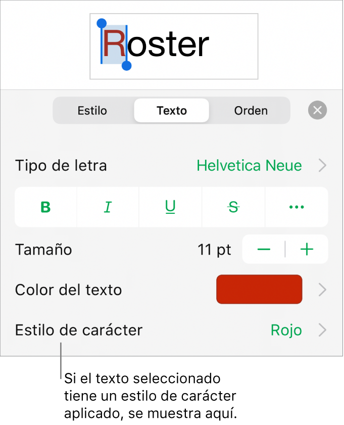 Los controles de formato de texto con “Estilo de carácter” debajo de los controles de color. El estilo de carácter Ninguno aparece con un asterisco.