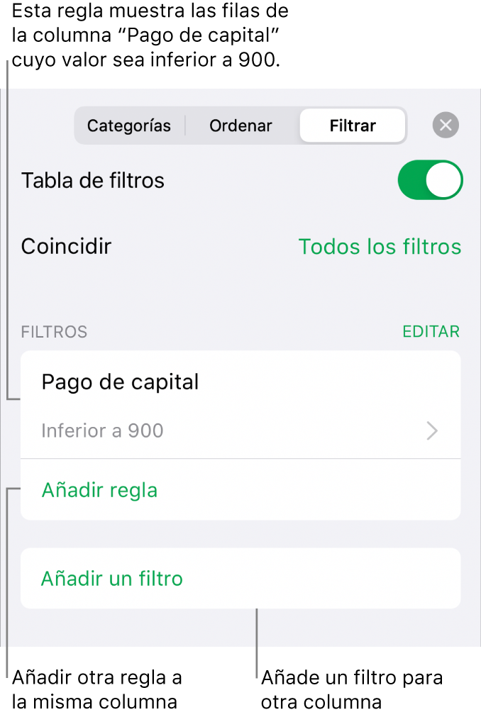 Controles para añadir reglas de filtro nuevas o editar las existentes.