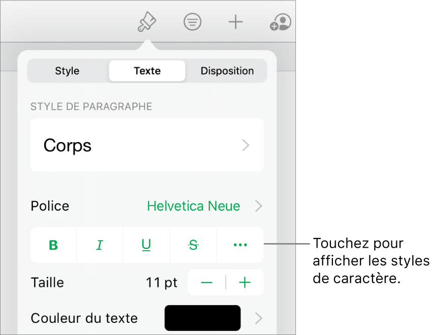 Les commandes de Format avec les styles de paragraphes en haut, puis les commandes de Police. Sous Police se trouvent les boutons Gras, Italique, Souligné, Barré et Plus d’options de texte.