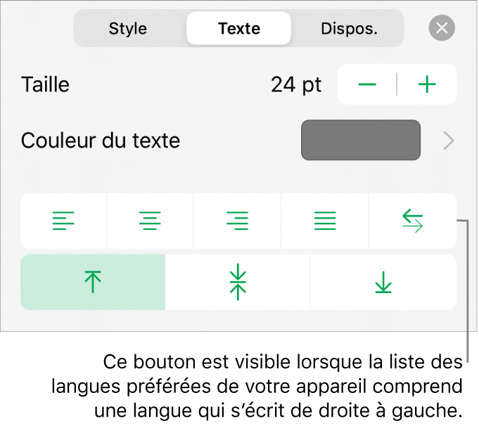 La section Texte du menu Format avec une légende pour le bouton De droite à gauche.