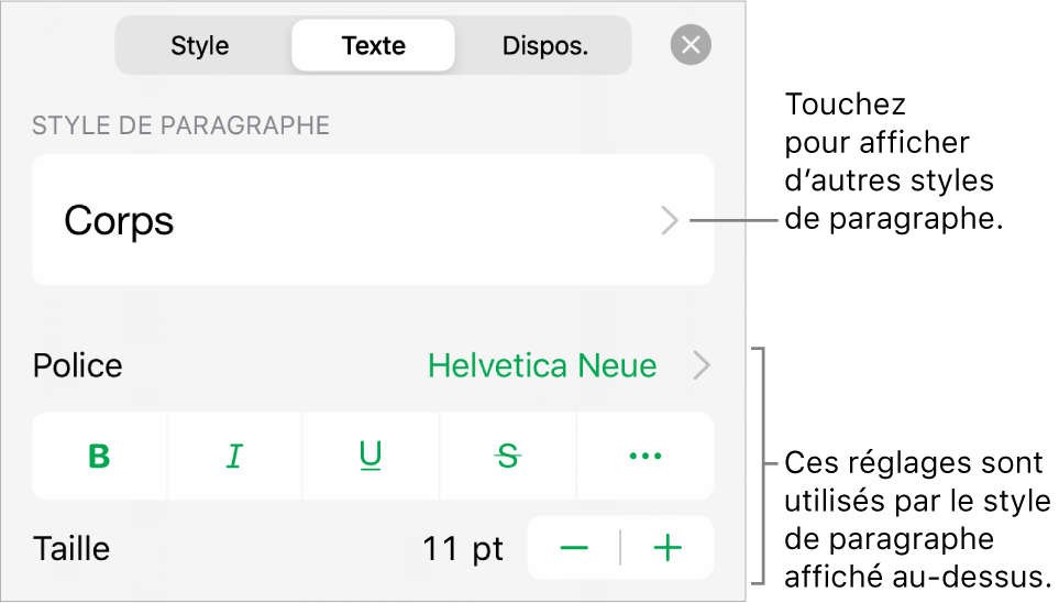 Menu Format avec commandes de texte permettant de définir les styles, la police, la taille et la couleur des paragraphes et des caractères.