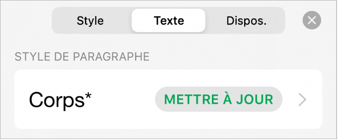 Style de paragraphe avec un astérisque affiché à côté et un bouton Mettre à jour à droite.