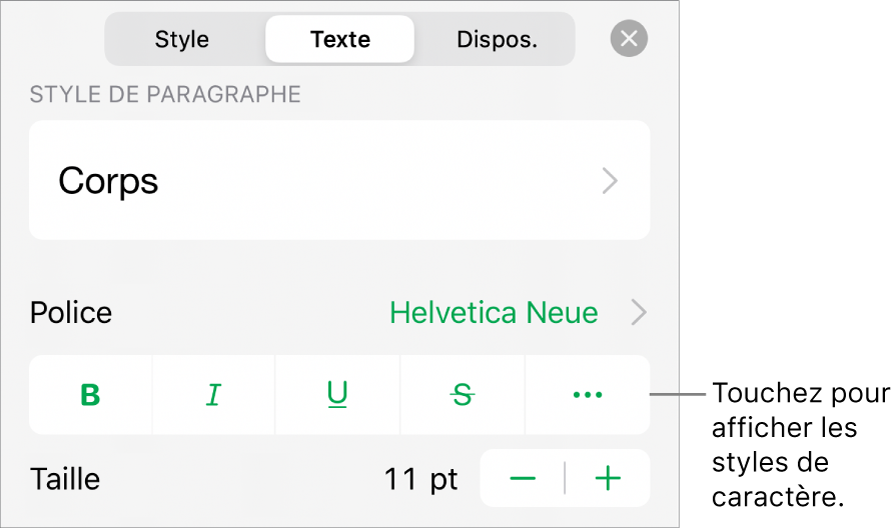 Les commandes de Format avec les styles de paragraphes en haut, puis les commandes de Police. Sous Police se trouvent les boutons Gras, Italique, Souligné, Barré et Plus d’options de texte.