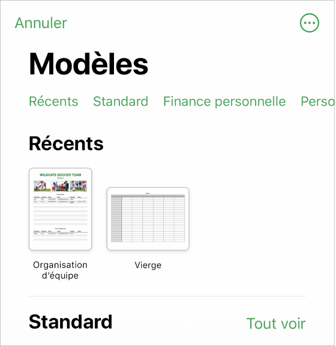 La liste de modèles, avec un rang de catégories en haut que vous pouvez toucher pour filtrer les options. En dessous, vous trouverez les vignettes des modèles prédéfinis disposées en rangs par catégorie, en commençant par Récents en haut, puis Standard. Un bouton Tout afficher apparaît à droite au-dessus du rang de chaque catégorie. Le bouton Langue et région se trouve dans le coin supérieur droit.