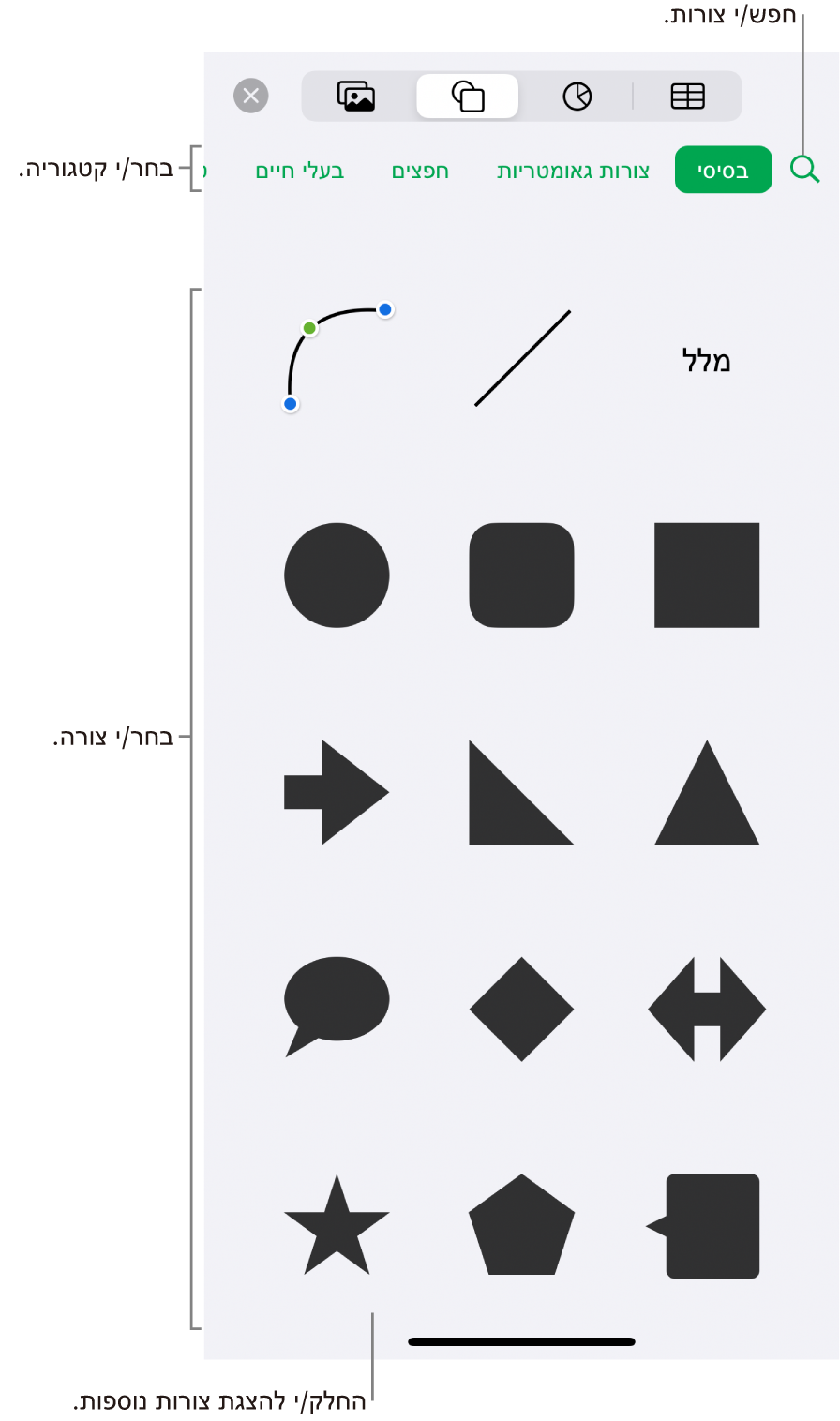 ספריית הצורות, כשקטגוריות מופיעות למעלה וצורות מוצגות למטה. ניתן להשתמש בשדה החיפוש שבראש המסך כדי למצוא צורות, ולהחליק כדי לראות צורות נוספות.