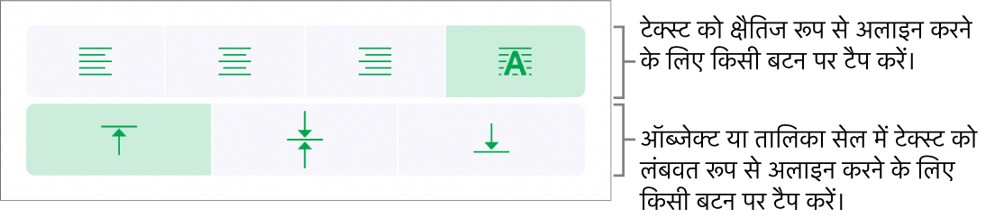 टेक्स्ट के लिए क्षैतिज और लंबवत अलाइनमेंट बटन।