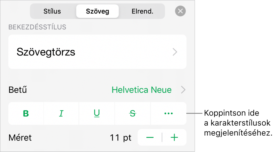 A formázásvezérlők a bekezdésstílusokkal a képernyő tetején, amelyeket a betűtípus-vezérlők követnek. A Betűtípus alatt a Félkövér, Dőlt, Aláhúzott, Áthúzott és További szövegbeállítások gombok találhatók.