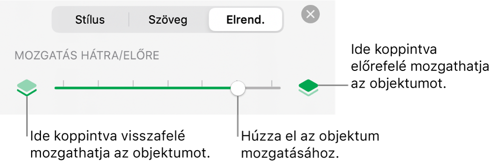 Visszafelé mozgatás gomb, Mozgatás előre gomb és a rétegezés csúszka.