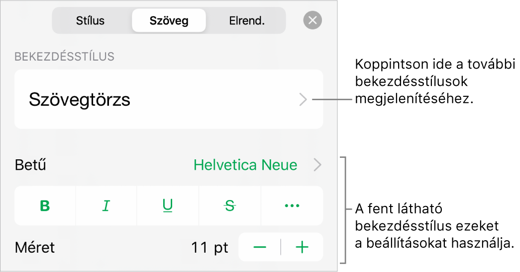 A Formátum menü a bekezdés és a karakterek stílusának, betűtípusának, méretének és színének beállítására szolgáló vezérlőkkel.