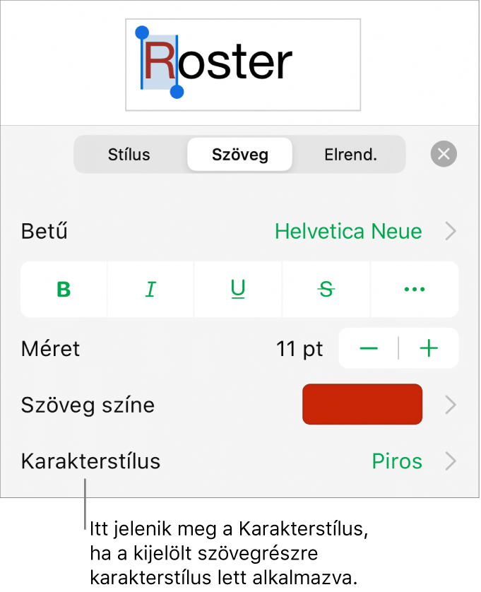 A Szövegformázás vezérlők a Karakterstílussal a Színek vezérlői alatt. A Nincs karakterstílus látható egy csillag szimbólummal.