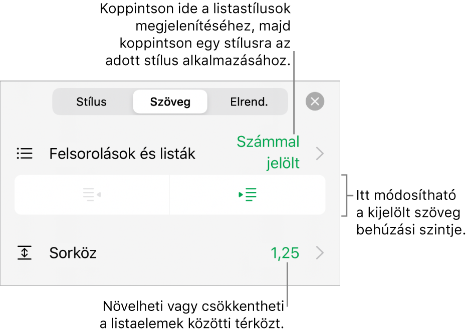A Formátum vezérlői a Felsorolás menüt, a behúzásgombokat és a sortérközvezérlőket jelölő feliratokkal.