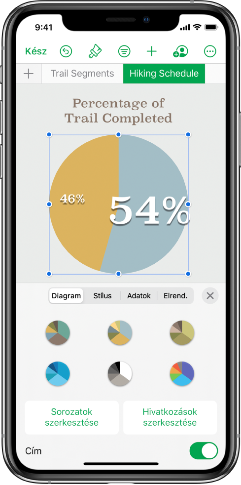 Kördiagram, amelyben a megtett túrákhoz kapcsolódó százalékértékek láthatók. A Formátum menü is meg van nyitva, ebben a különböző választható diagramstílusok, a sorozatok és diaramhivatkozások szerkesztése, illetve a diagramcím be- vagy kikapcsolása lehetőségek láthatók.