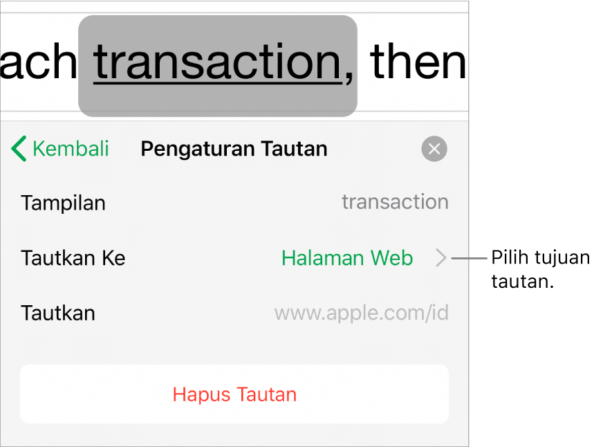 Kontrol Pengaturan Tautan dengan bidang untuk Tampilkan, Tautkan Ke (Halaman Web dipilih), dan Tautkan. Tombol Hapus Tautan di bagian bawah.