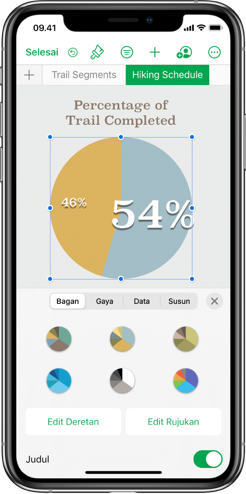Bagan pai menampilkan persentase jejak yang diselesaikan. Menu Format juga dibuka, menampilkan gaya bagan berbeda untuk dipilih, serta pilihan untuk mengedit deretan atau rujukan bagan, dan menyalakan atau mematikan judul bagan.